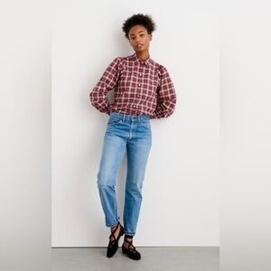 ALEX MILL Janelle red tartan blouse peter pan collar puff sleeves